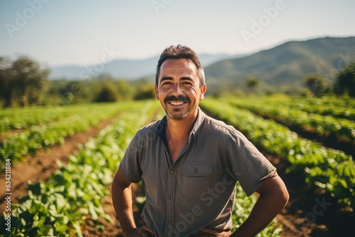 middle aged male mexican farmer smiling and working on a farm field portrait