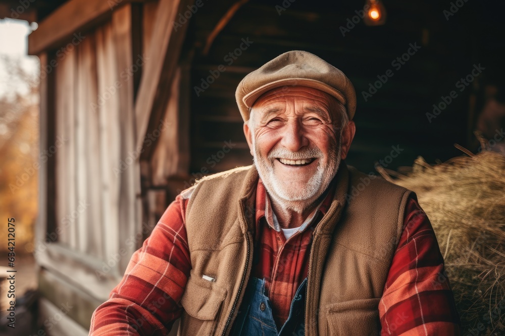 Senior caucasian male farmer smiling portrait on a farm - obrazy, fototapety, plakaty 