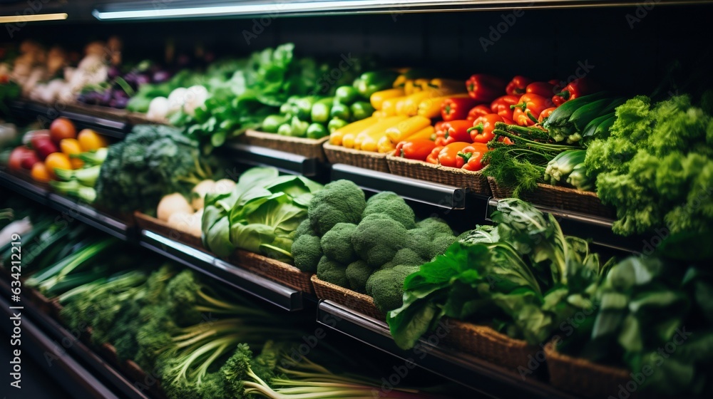 Fresh Vegetables on Shelves in a Market Store. Generative ai