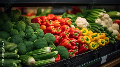 Fresh Vegetables on Shelves in a Market Store. Generative ai