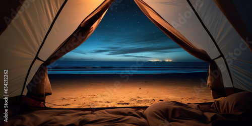 Lifestyle photography shot from inside of camping tent looking out at a beautiful desolate sandy beach at night ocean reflection, stars and sky. Summer camping on the beach. 