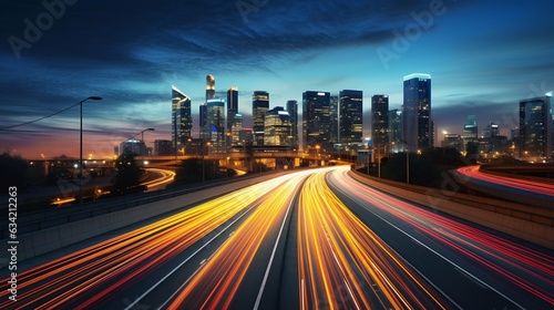 Evening Rush Hour on Urban Highway with City Skyline in the Background. Generative ai