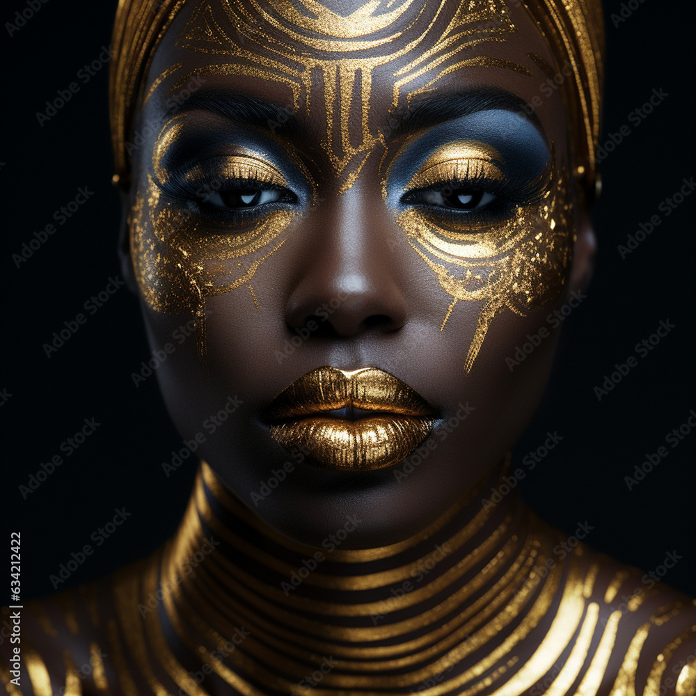 closeup portrait of an African American woman with gold makeup tribal style closeup portrait of an African American woman with gold makeup tribal style