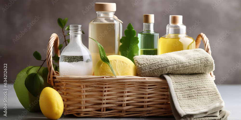 Natural Cleaning Products. Brushes, sponges, rubber gloves and natural cleaning products in the basket. Eco - friendly cleaning products concept. Natural Cleaning Products. Brushes, sponges, rubber gloves and natural cleaning products in the basket. Eco - friendly cleaning products concept.