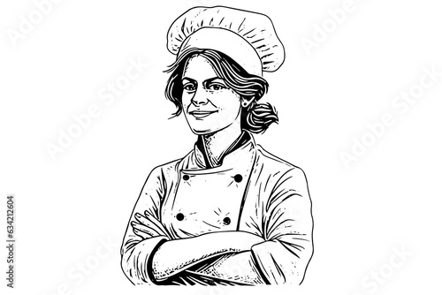 Woman chef ink sketch in engraving style.  Drawing young female vector illustration.