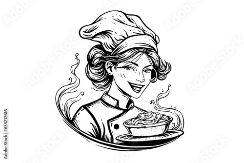 Smiley woman chef ink sketch in engraving style.  Drawing young female vector illustration.