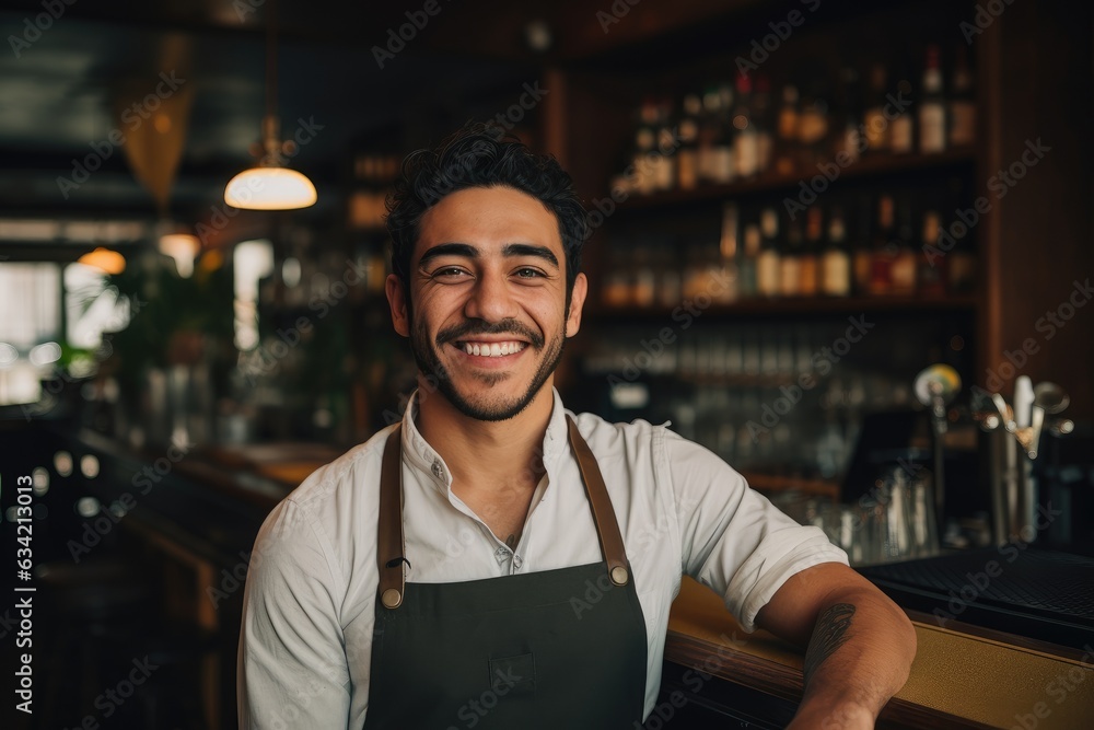 Young male latin waiter working in a cafe bar in the city portrait