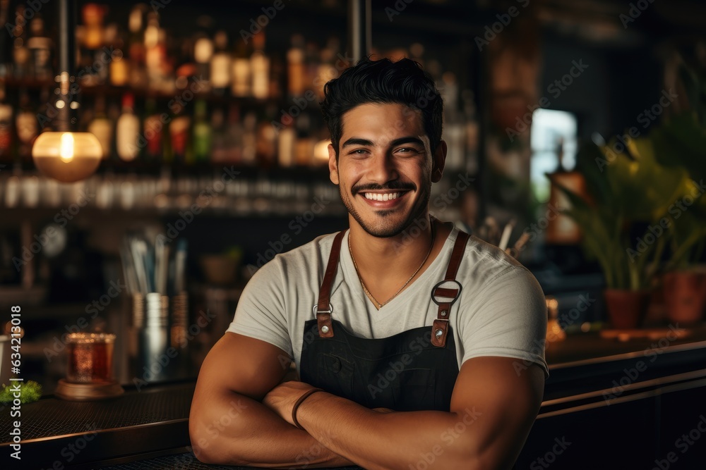 Young male latin bartender working in a cafe bar in the city