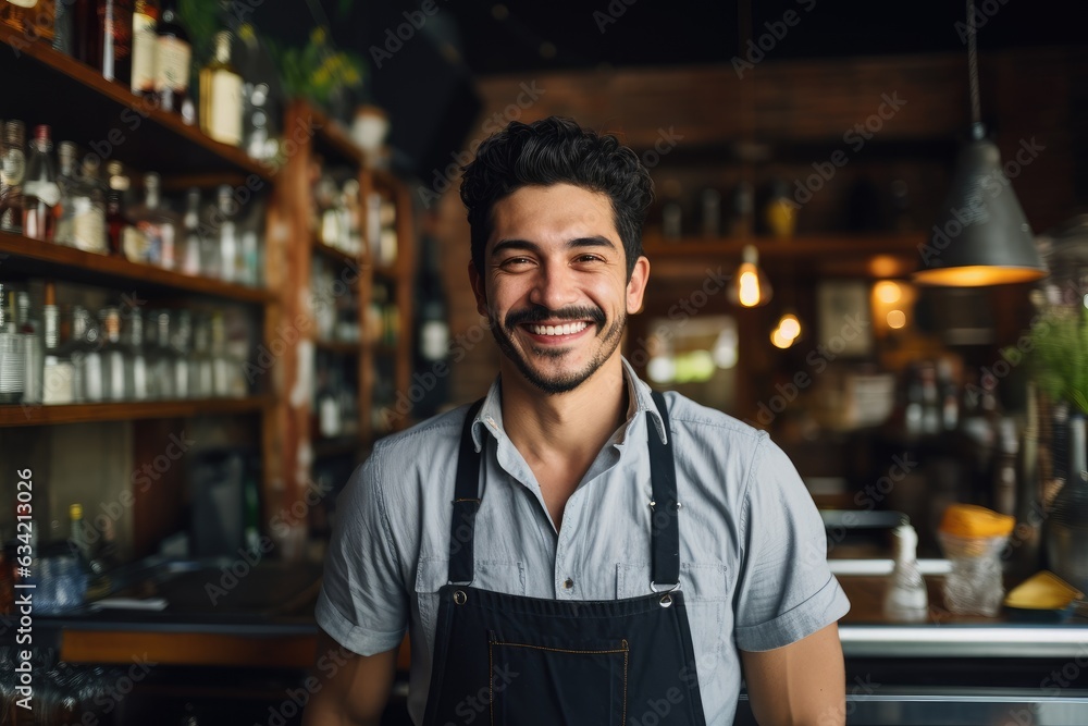 Fototapeta premium Young male latin bartender working in a cafe bar in the city