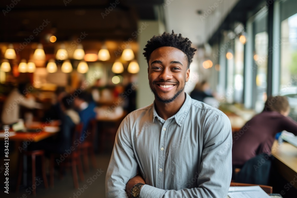Young male african american bartender working in a cafe bar in the city portrait Young male african american bartender working in a cafe bar in the city portrait