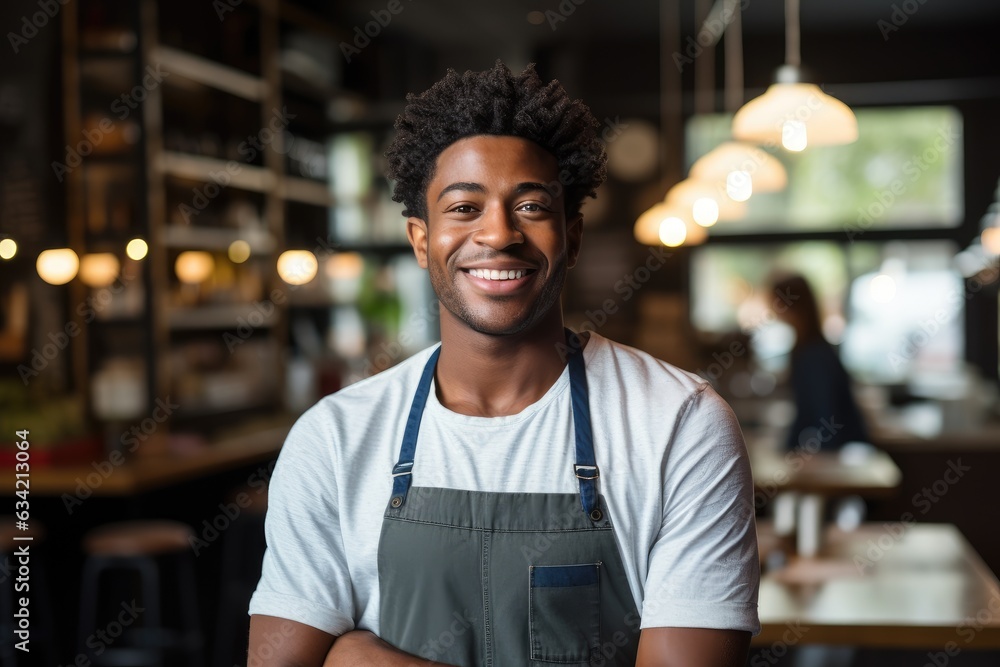 Fototapeta premium Young male african american waiter working in a cafe bar in the city portrait