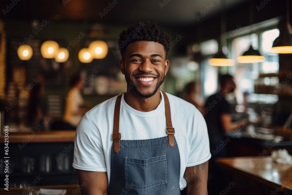 Fototapeta premium Young male african american waiter working in a cafe bar in the city portrait
