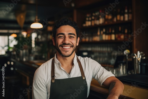 Young male latin waiter working in a cafe bar in the city portrait