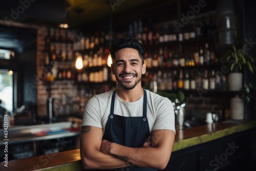 Young male latin waiter working in a cafe bar in the city portrait