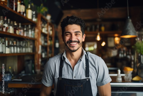 Young male latin bartender working in a cafe bar in the city