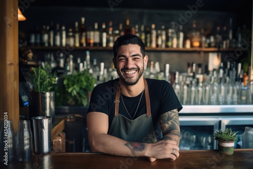 Young male latin bartender working in a cafe bar in the city photo