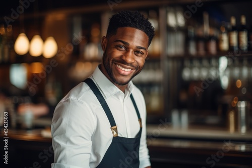 Young male african american waiter working in a cafe bar in the city portrait