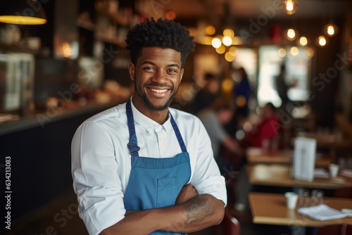 Young male african american waiter working in a cafe bar in the city portrait