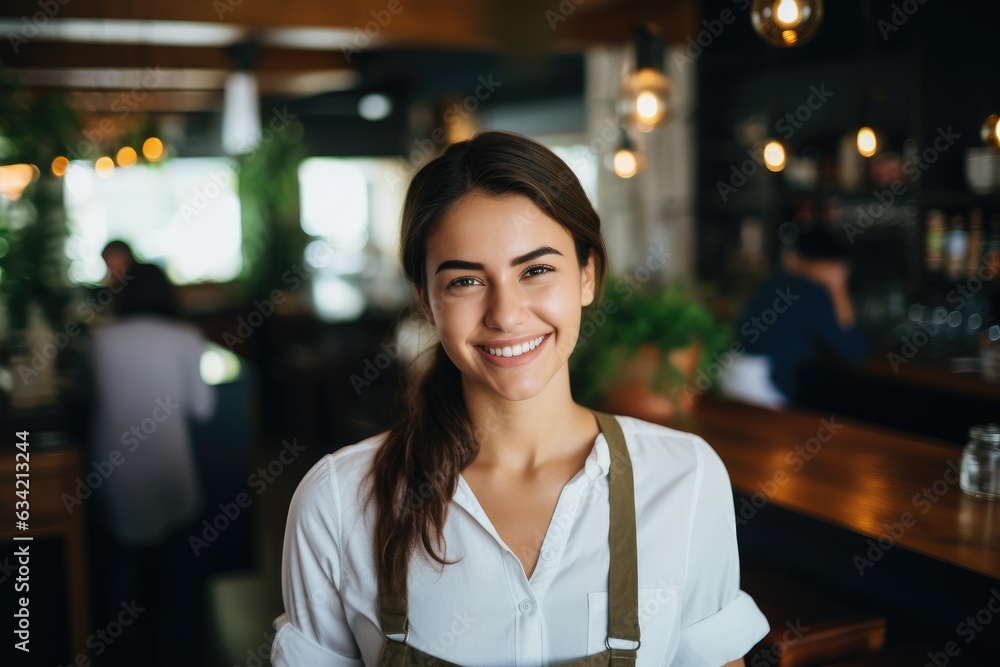 Young female waitress working in a cafe bar smiling Young female waitress working in a cafe bar smiling