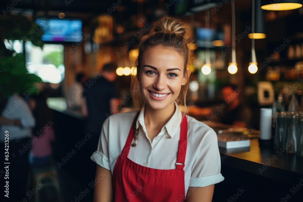 Young female waitress working in a cafe bar smiling Young female waitress working in a cafe bar smiling