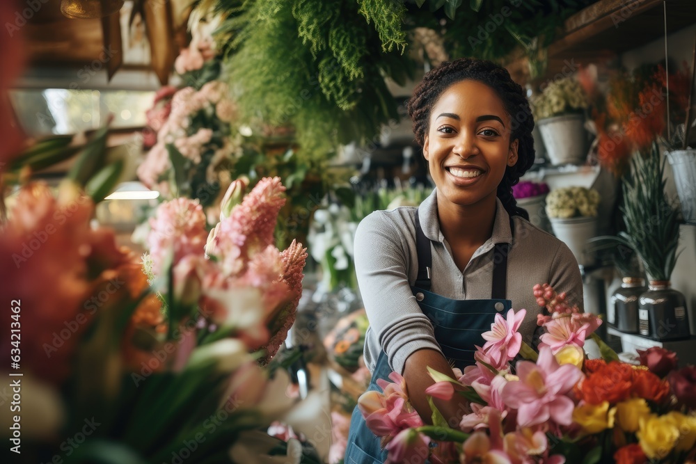 Young african american woman working in a flower shop