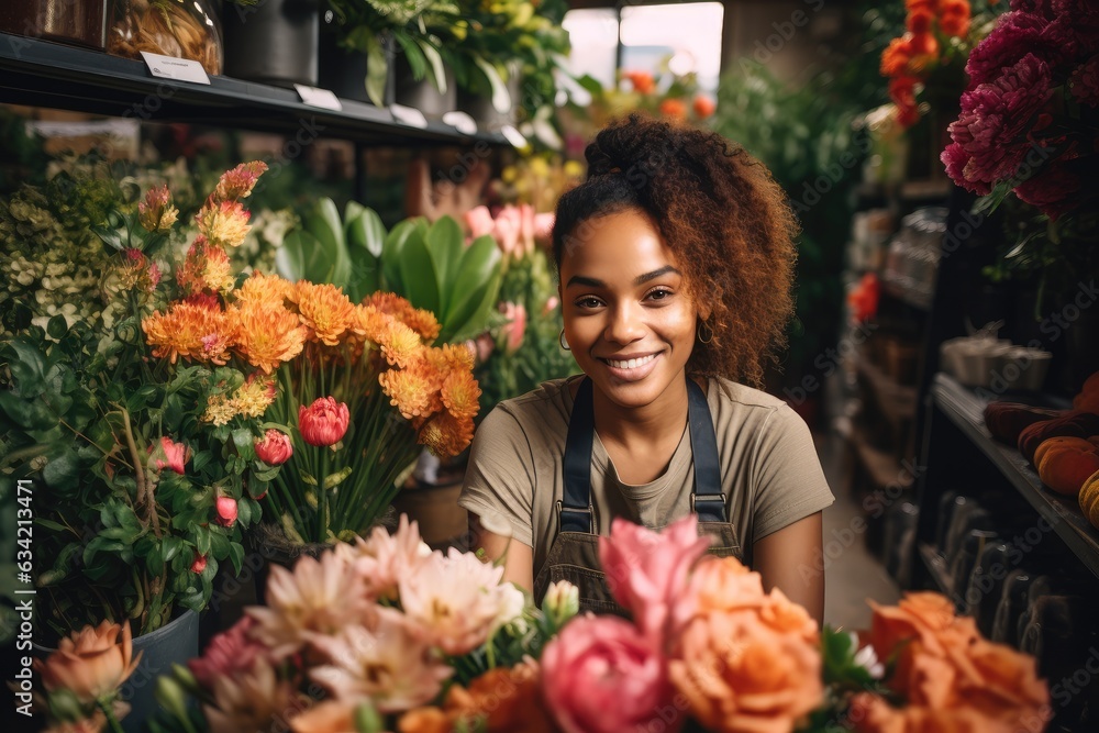 Young african american woman working in a flower shop