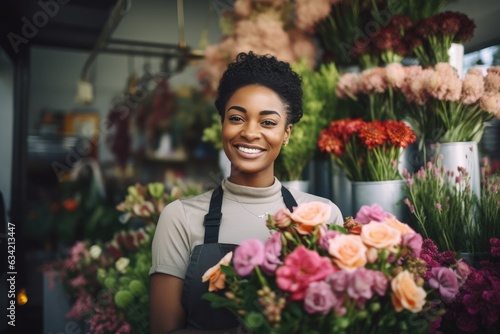 Young african american woman working in a flower shop © Baba Images