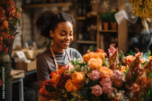 Young african american woman working in a flower shop