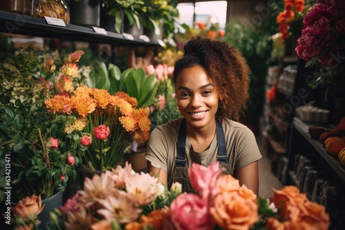 Young african american woman working in a flower shop © Baba Images