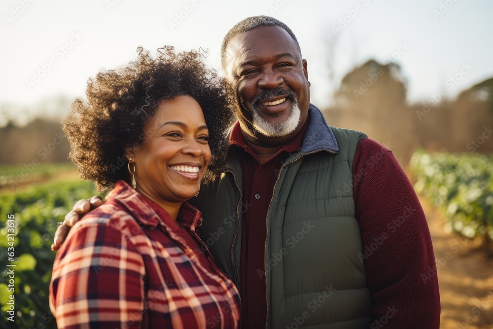 Middle aged african american couple living on a farm in the countryside smiling portrait Middle aged african american couple living on a farm in the countryside smiling portrait