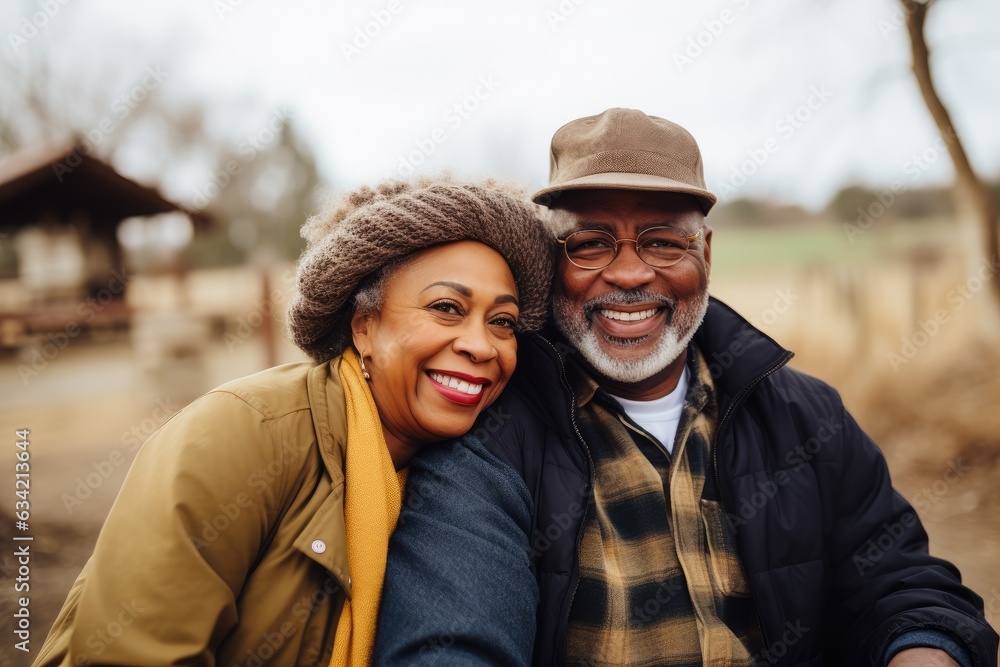 Middle aged african american couple living on a ranch in the countryside smiling portrait