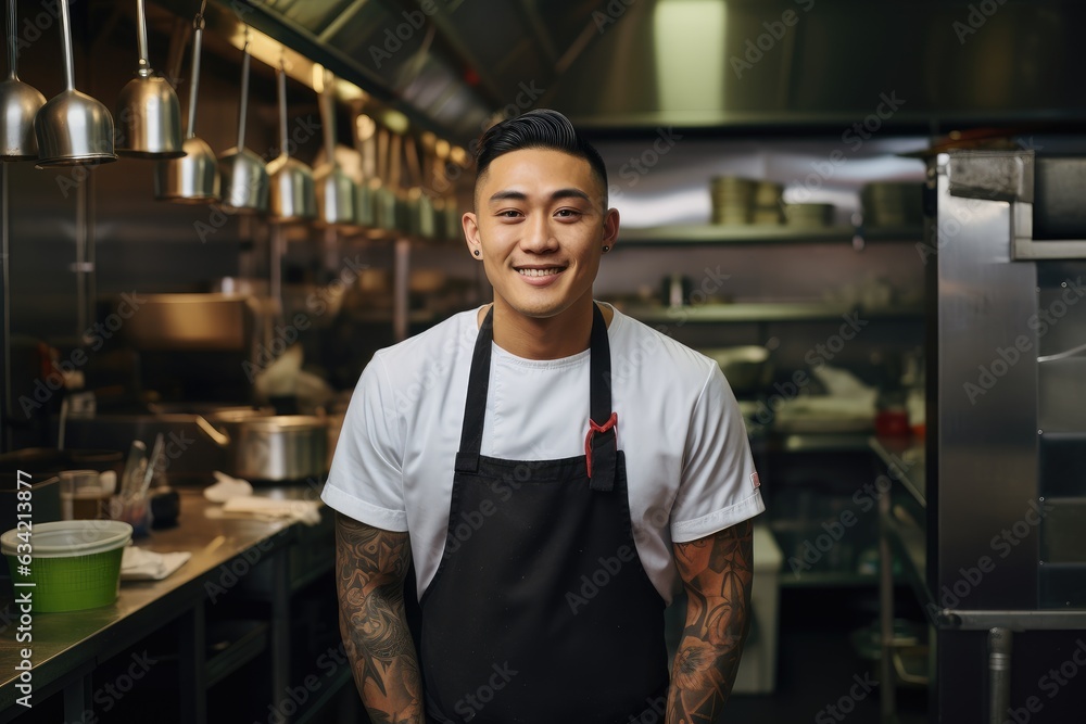 Fototapeta premium Young male korean chef working in a restaurant kitchen smiling portrait