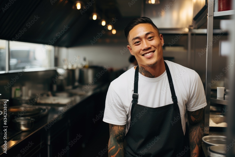 Fototapeta premium Young male asian chef working in a restaurant kitchen smiling portrait