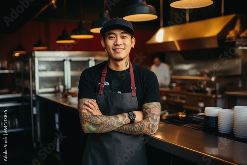 Young male korean chef working in a restaurant kitchen smiling portrait