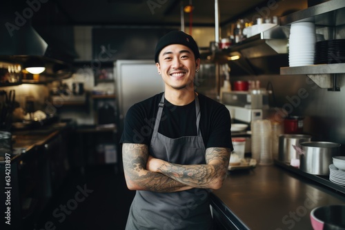 Young male asian chef working in a restaurant kitchen smiling portrait © Baba Images