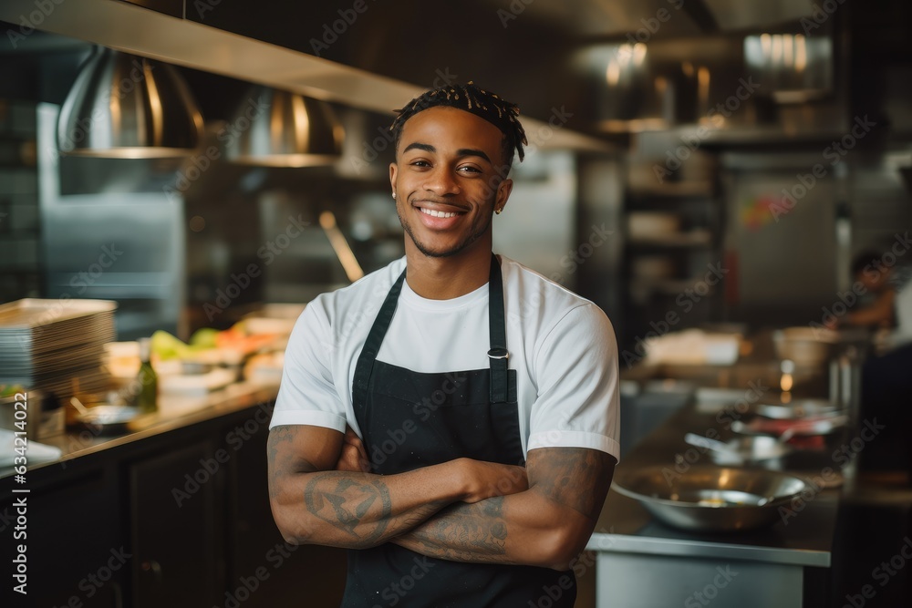 Young male african american chef smiling while working in a restaurant kitchen Young male african american chef smiling while working in a restaurant kitchen