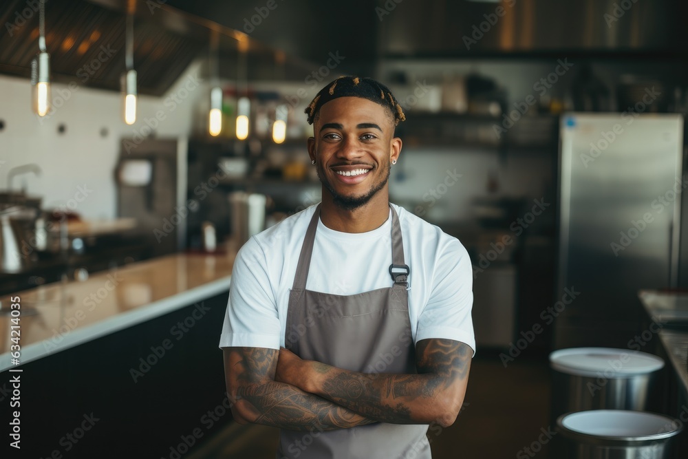 Fototapeta premium Young male african american chef smiling while working in a restaurant kitchen