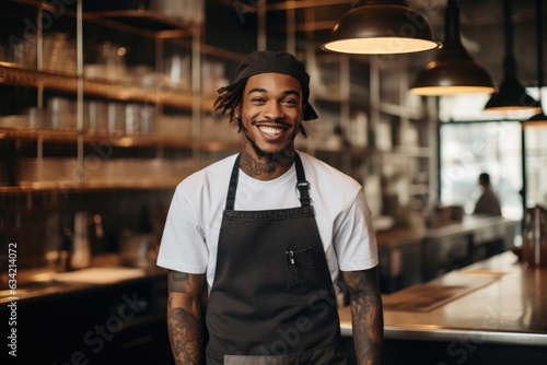 Young male african american chef smiling while working in a restaurant kitchen