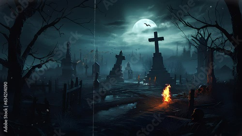 spooky scary night view of cemetery under full moon with bats flying over the graves. graveyard scene. happy halloween video backgrounds. Seamless looping animated background. photo