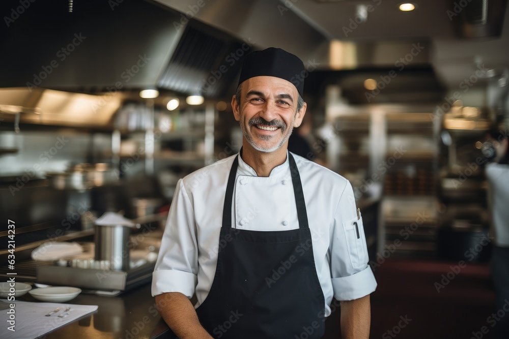 Fototapeta premium Middle aged french caucasian chef working in a restaurant kitchen smiling portrait