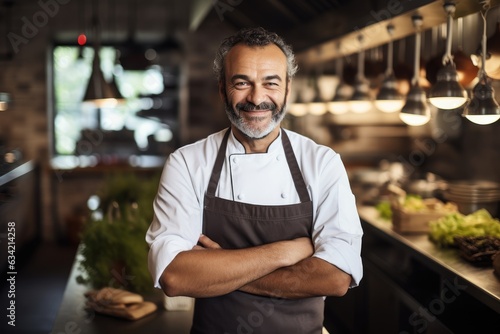 Fototapeta Naklejka Na Ścianę i Meble -  Middle aged turkish caucasian chef working in a restaurant kitchen smiling portrait