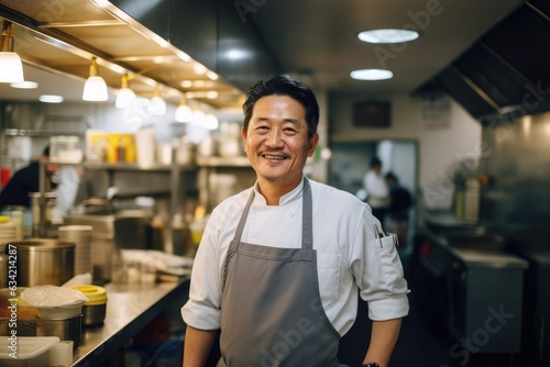 Middle aged korean chef working in a restaurant kitchen smiling portrait