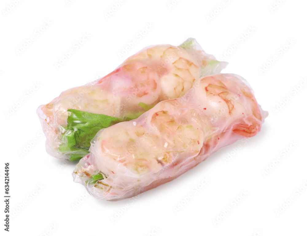Tasty spring rolls with shrimps and lettuce wrapped in rice paper on white background Tasty spring rolls with shrimps and lettuce wrapped in rice paper on white background