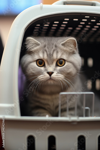 cat in Pet carrier. Safe transportation of Pets. Traveling with an animal. fluffy cute kitten in a cage. © Svetlana