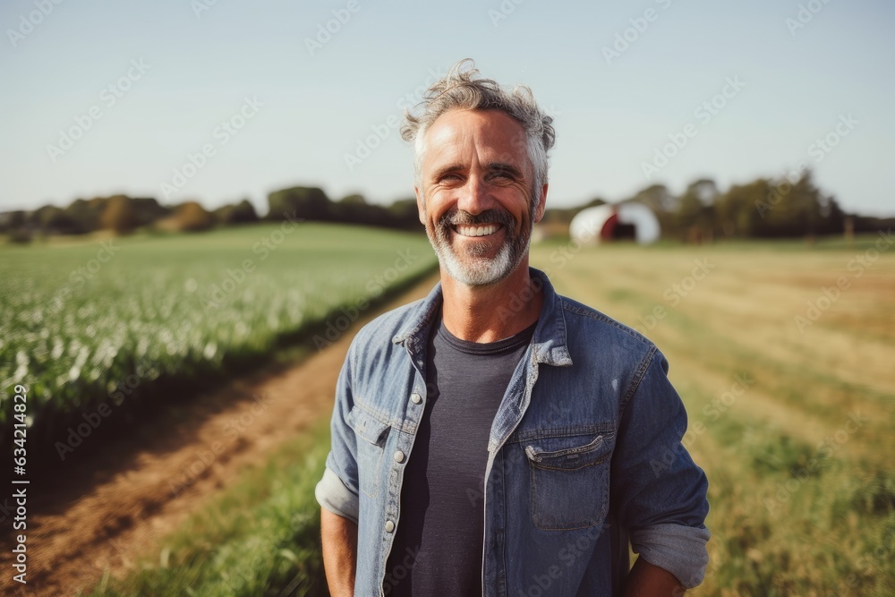 Middle aged caucasian farming smiling on his farm field