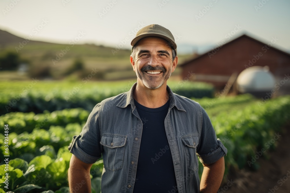 Middle aged caucasian farming smiling on his farm field Middle aged caucasian farming smiling on his farm field