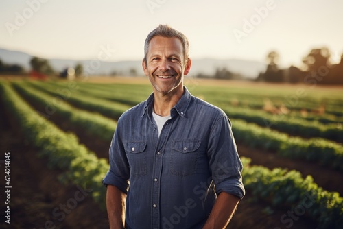 Fototapete Middle aged caucasian farming smiling on his farm field