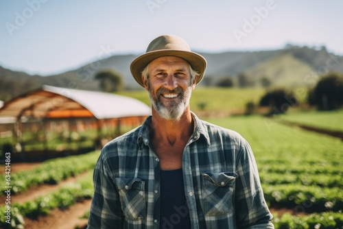 Middle aged caucasian farming smiling on his farm field