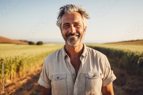 Middle aged caucasian farming smiling on his farm field