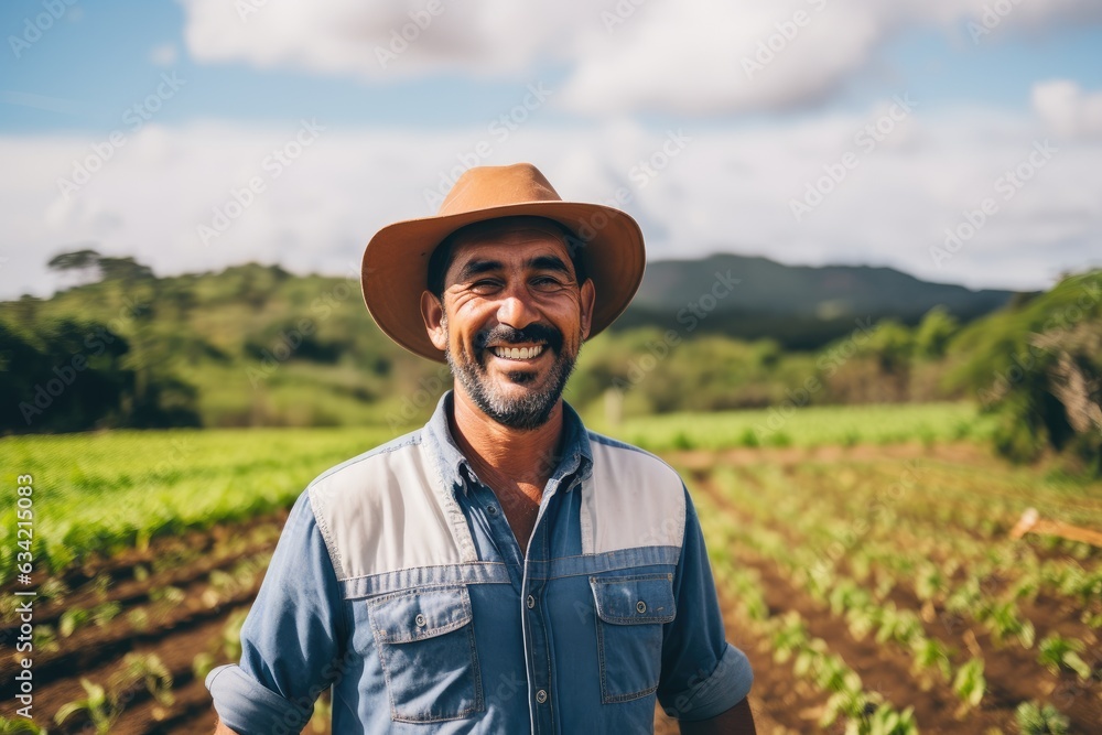 Middle aged latin male farmer working on a farm field smiling portrait Middle aged latin male farmer working on a farm field smiling portrait